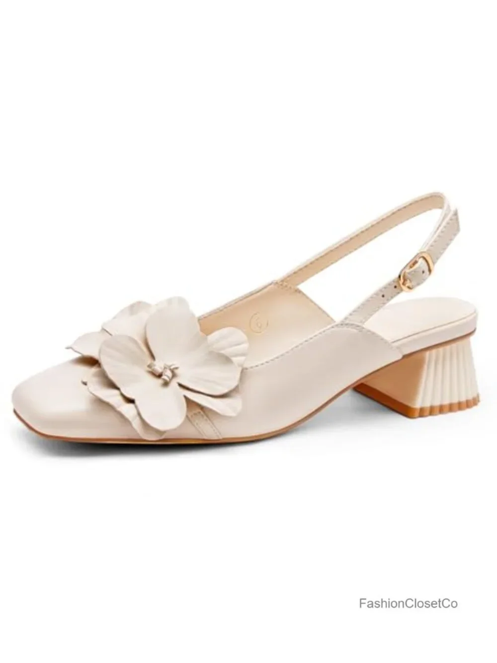 Slingback Chunky Heels Square Toe Pumps with Flower Design Dress Shoes